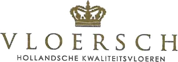 Beeldmerk van Vloersch uit 2016: kroon boven het brede woordmerk Vloersch Hollandsche Kwaliteitsvloeren