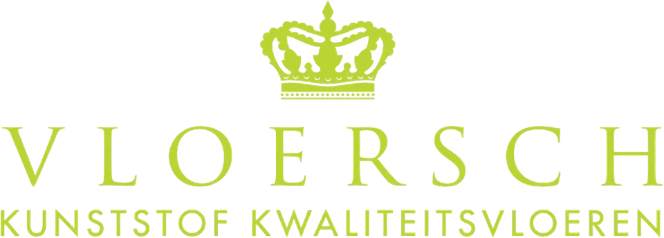 Beeldmerk van Vloersch uit 2023: kroon en woordmerk Vloersch Kunststof Kwaliteitsvloeren in groen