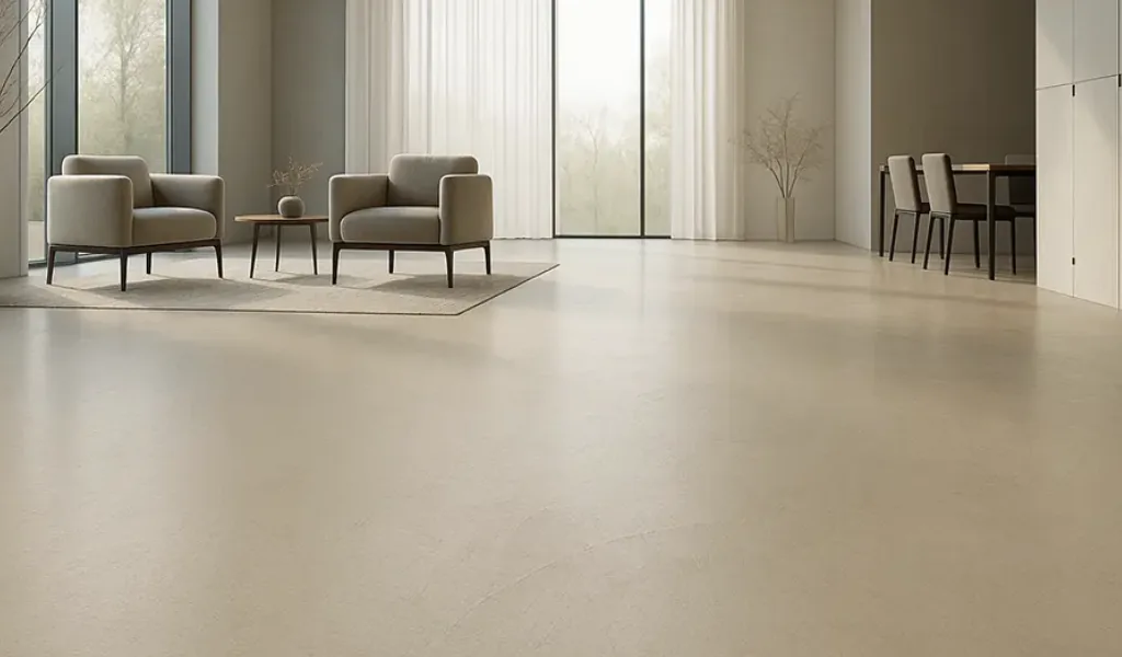 Lichte Cem Lava vloer in een zitkamer met fauteuil en gordijnen
